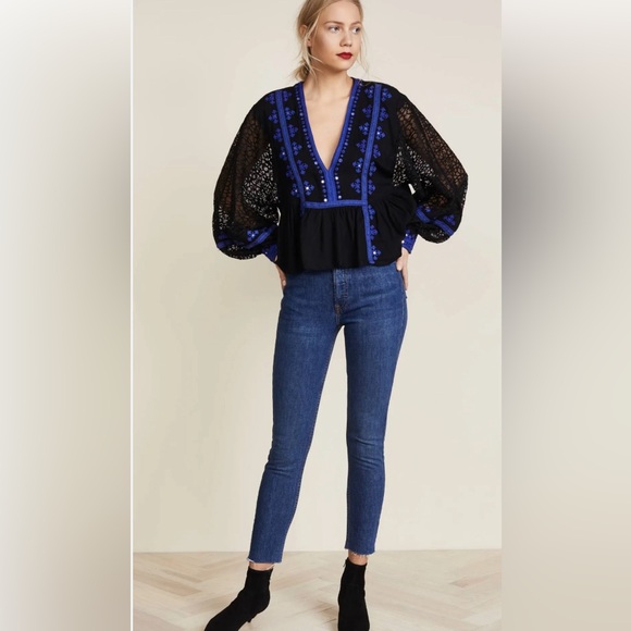 Free People Womens Boogie All Night Blouse size M Black Puff Sleeve V-Neck - Picture 4 of 6